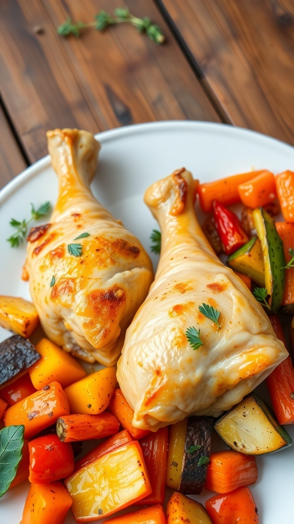 Oven-baked chicken drumsticks with roasted vegetables on a rustic plate.